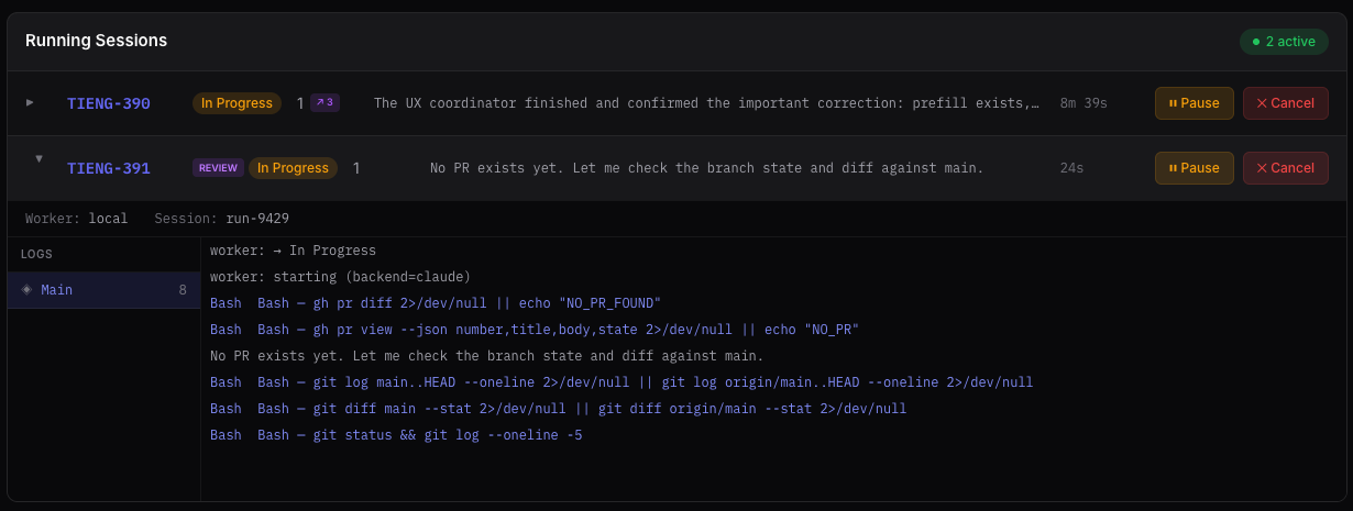 Running sessions with rows expanded showing inline logs