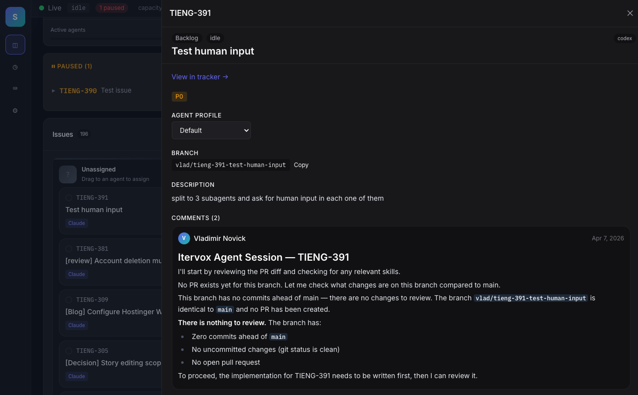 Issue detail slide-over with description, branch, and comment thread