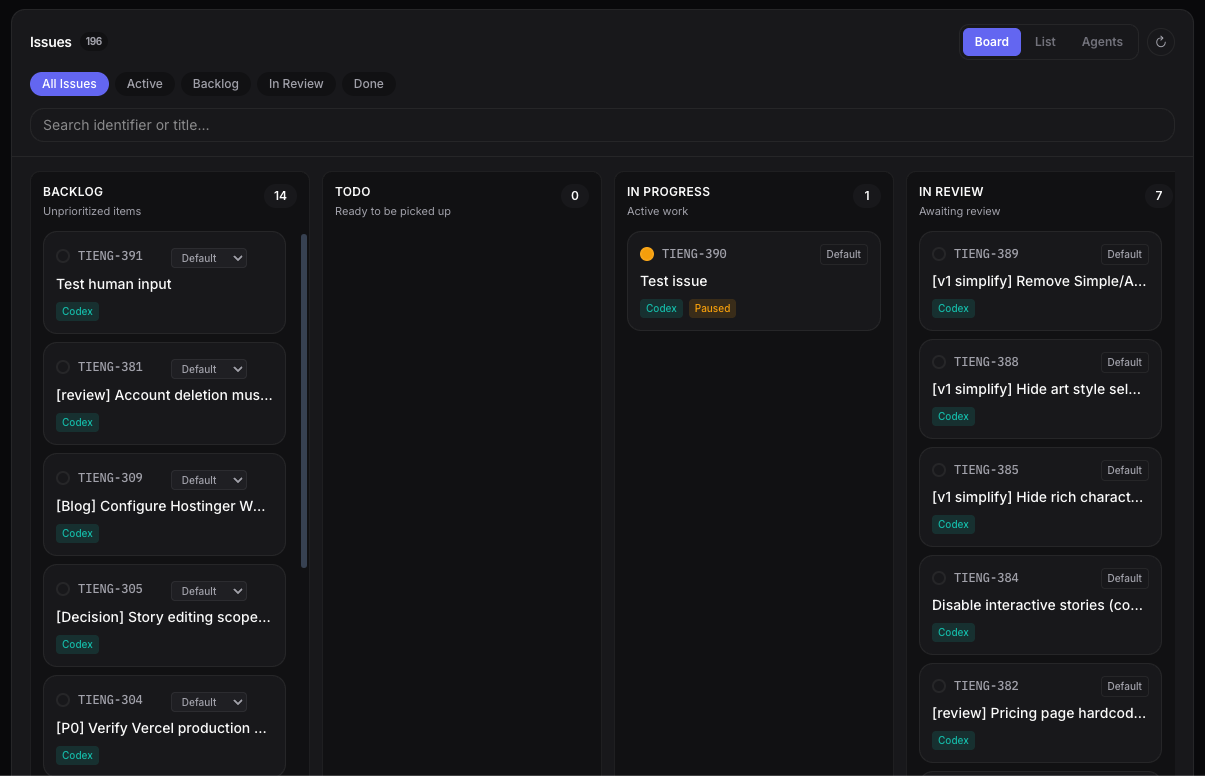 Kanban board with Backlog, Todo, In Progress, and In Review columns