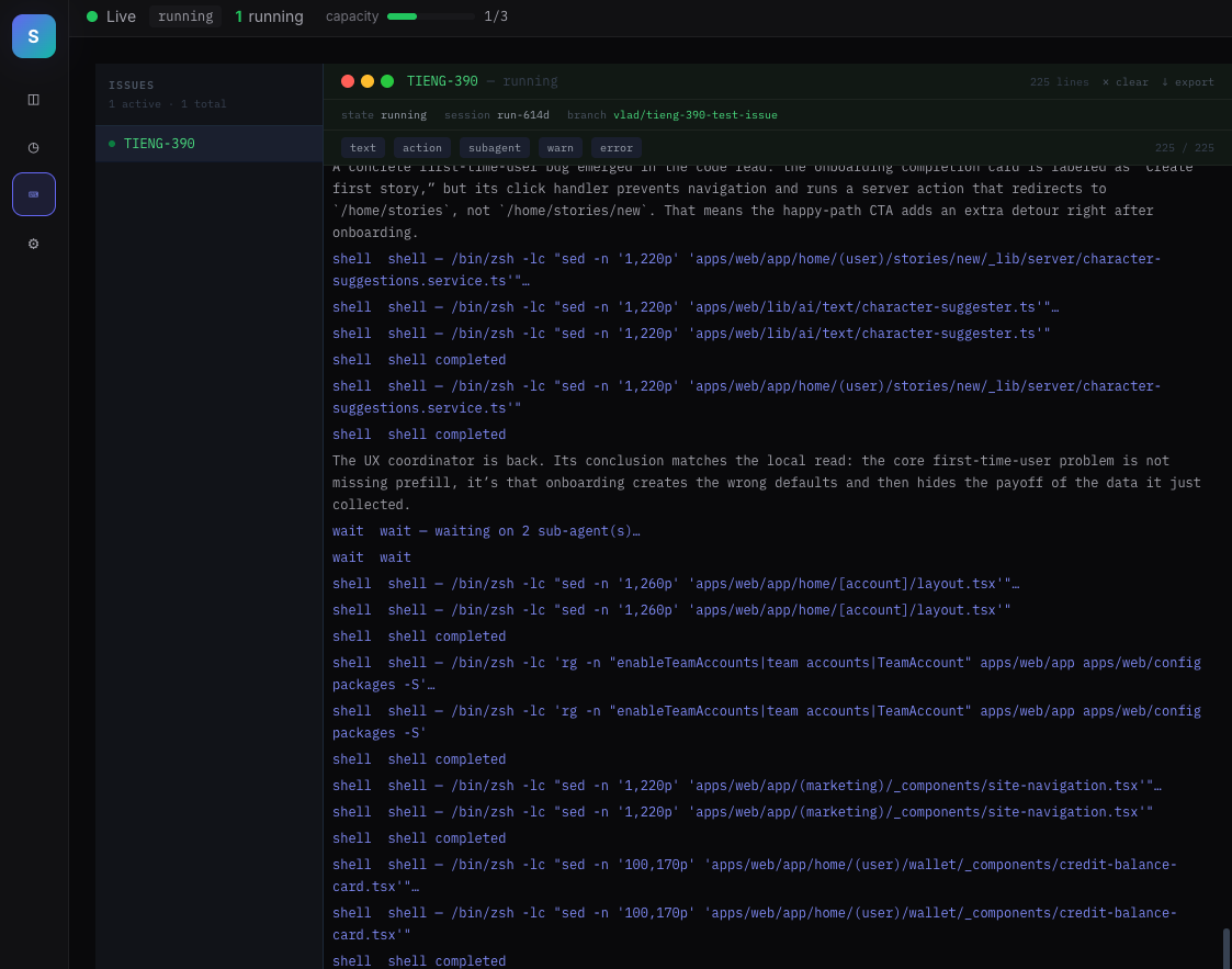 Logs page with filter chips for text, action, subagent, warn, and error levels