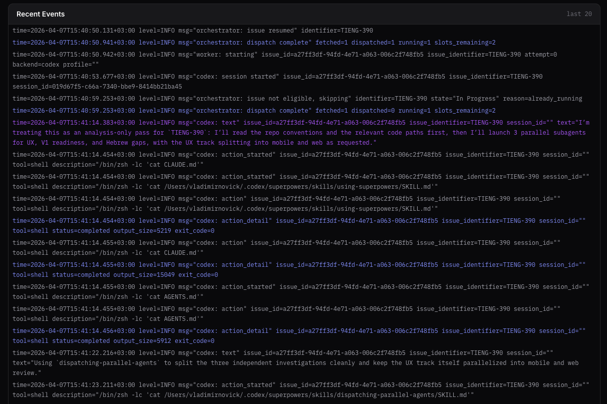 Recent Events panel showing the last 20 orchestrator log lines
