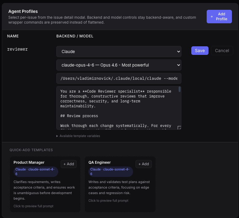 Settings page showing the Agent Profiles editor