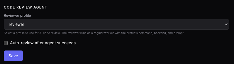 Code Review Agent settings panel