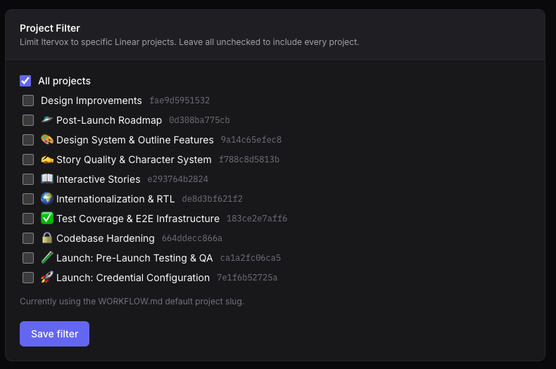 Linear project filter