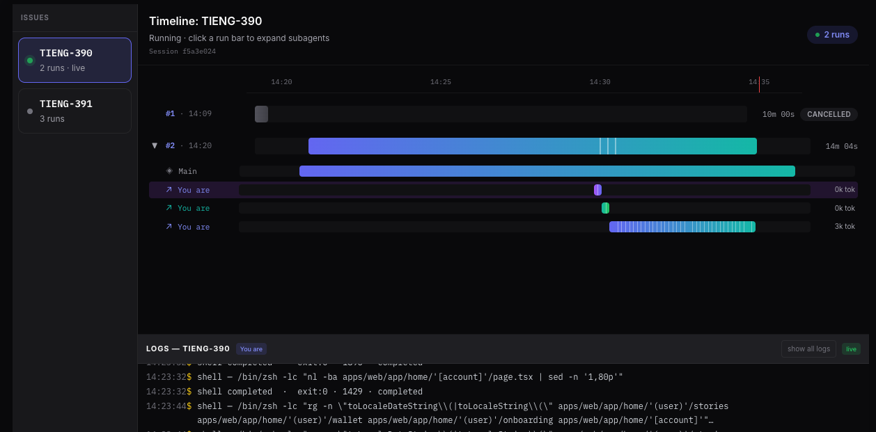 Timeline page with multiple runs showing subagent splits and token counts