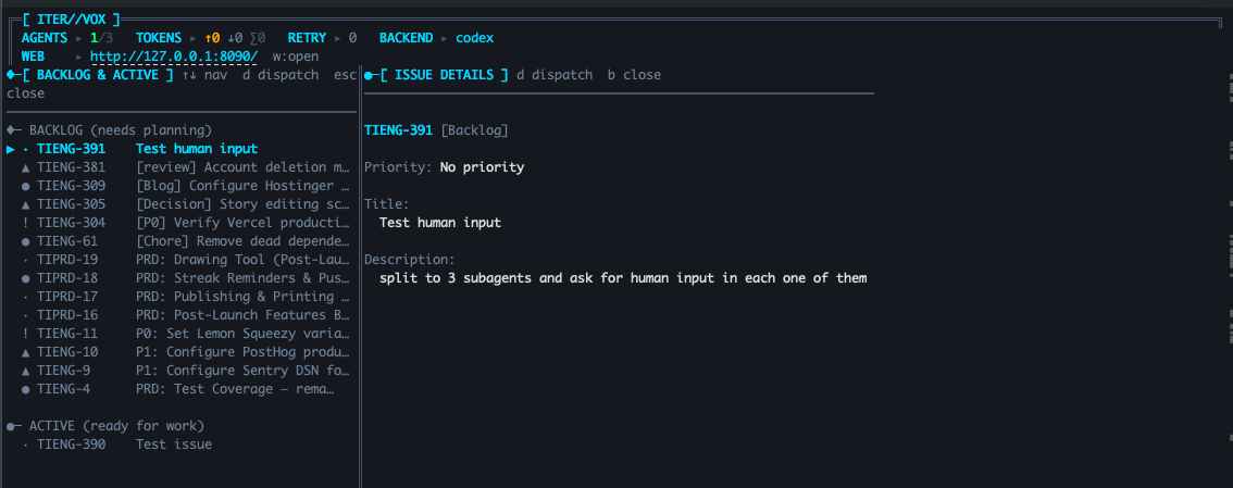 TUI backlog panel with issue details on the right