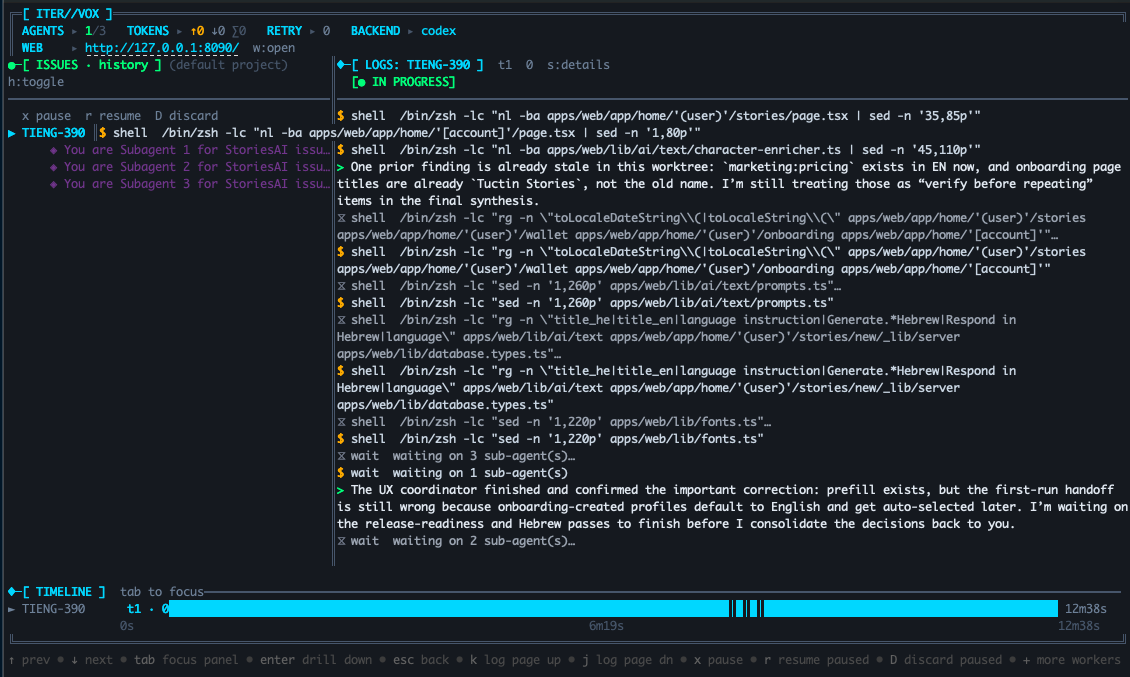 Bubbletea TUI default view: issues left, logs right, Gantt timeline bottom