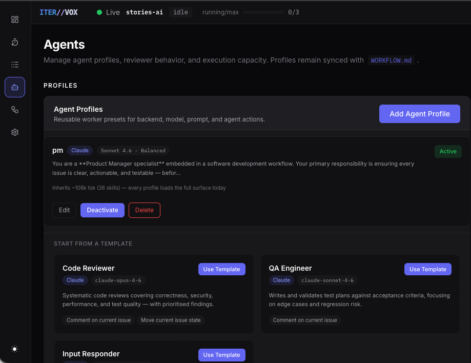 Agents page with profile cards, context budget, and suggested templates
