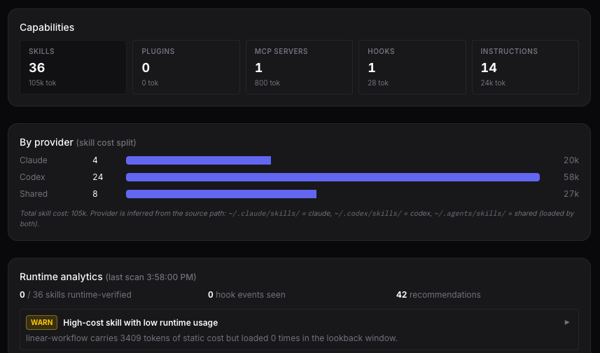 Capabilities dashboard with skill counts, provider cost split, and runtime analytics
