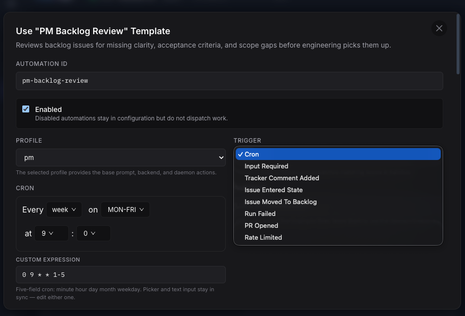 Automation editor with trigger type dropdown showing all nine types
