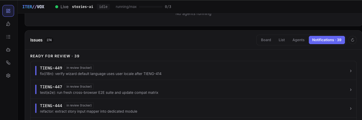 Notifications tab showing Ready for Review queue with 39 issues