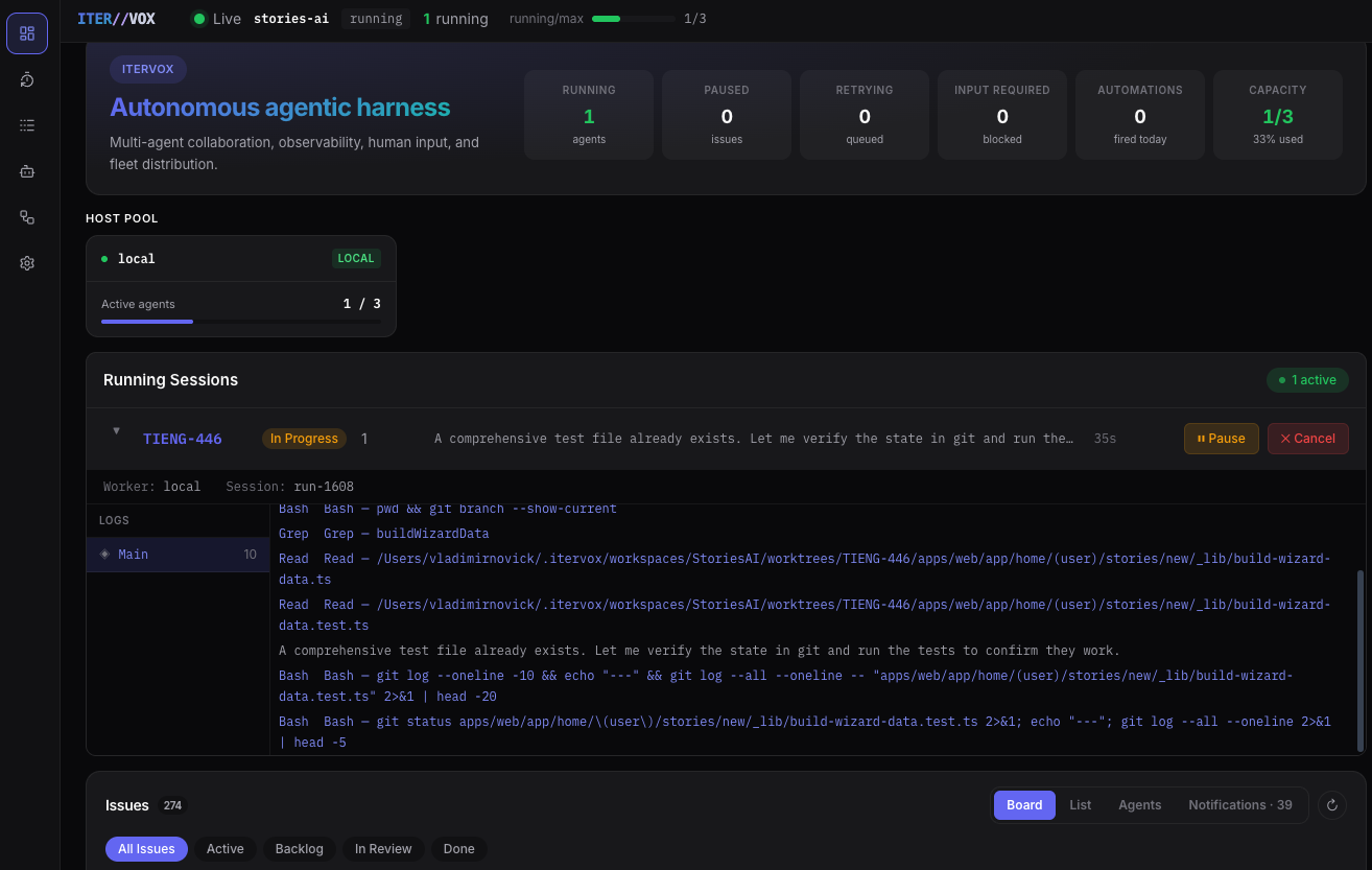 Running sessions panel with one agent expanded showing live Bash/Grep/Read tool calls, session ID, and Pause/Cancel buttons