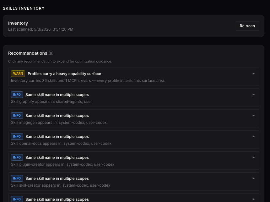 Skills inventory with 9 recommendations including duplicate skills across scopes