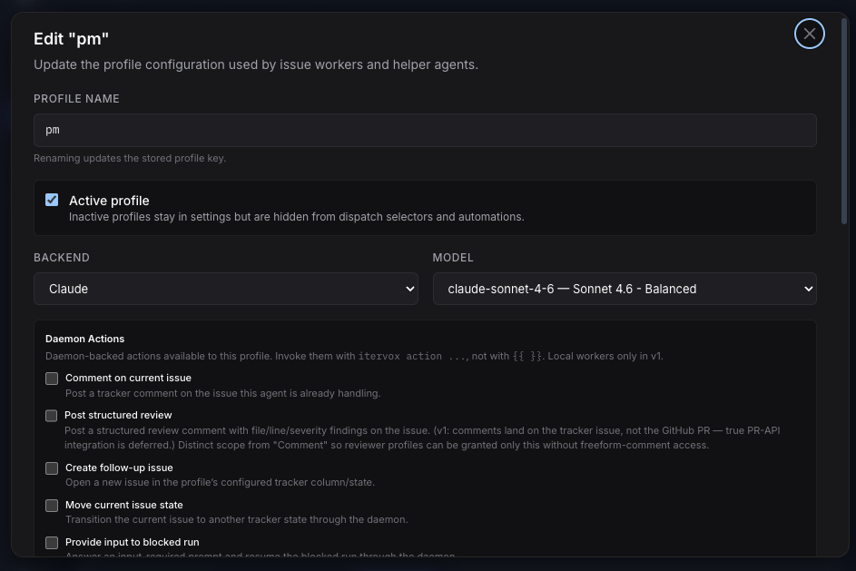 Profile editor with daemon actions checkboxes